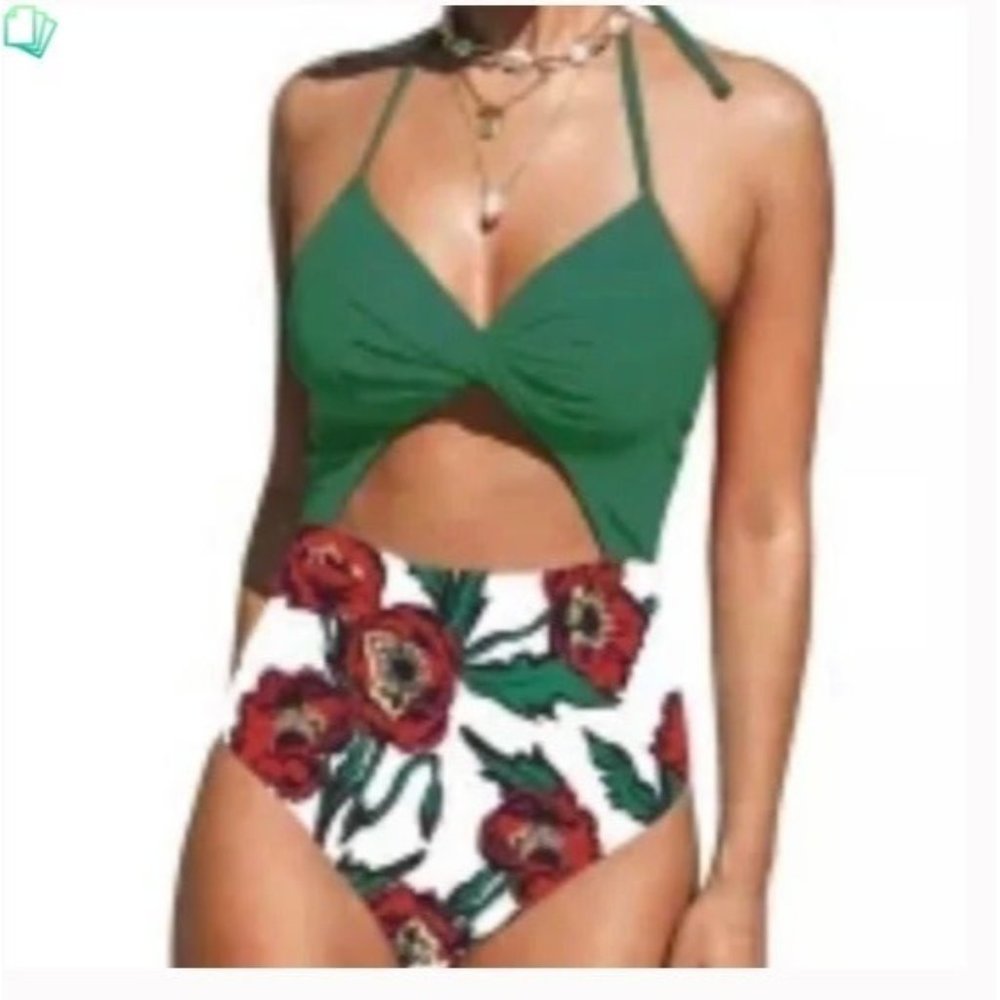 Women's Green Twist Front Halter Monokini Cut Out Red Poppy Swimsuit NWT L